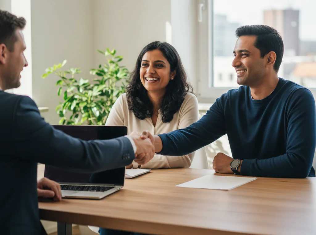 Expat couple after successful financial advisory session in Germany